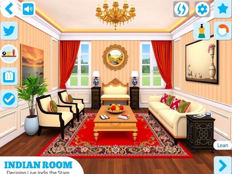 Dream Home Designer game showing a beautifully designed Indian living room with traditional furniture and decor