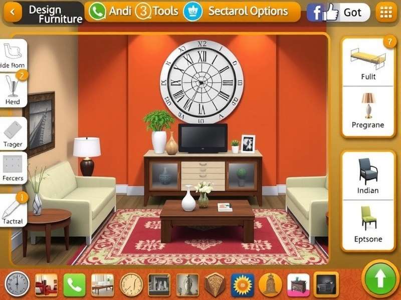 Dream Home Designer game interface showing design tools and Indian furniture options