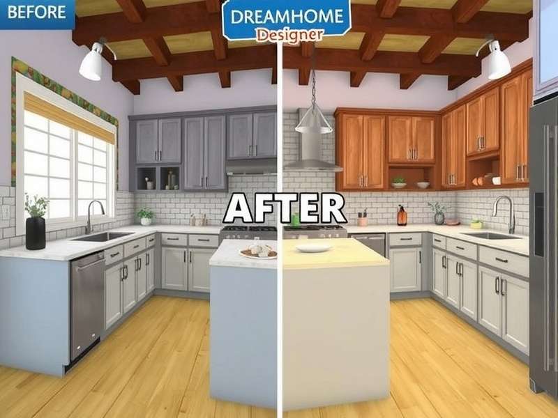 Dream Home Designer gameplay showing a before and after of an Indian kitchen transformation